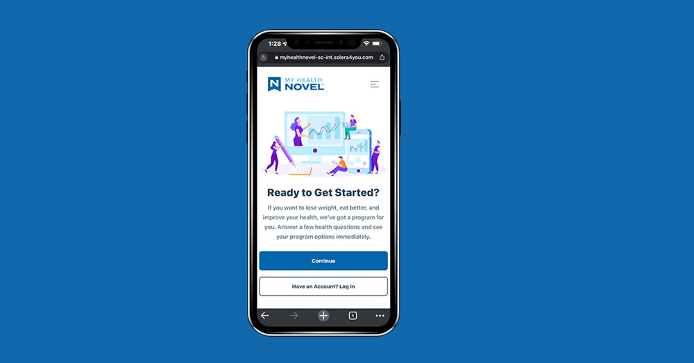 blue background with phone open to app